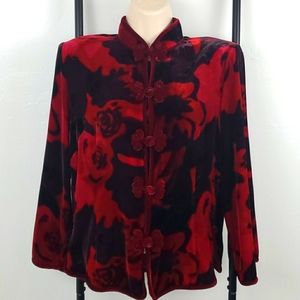 Vintage Rongping Asia velour buttons up shirt black red long sleeve women size L